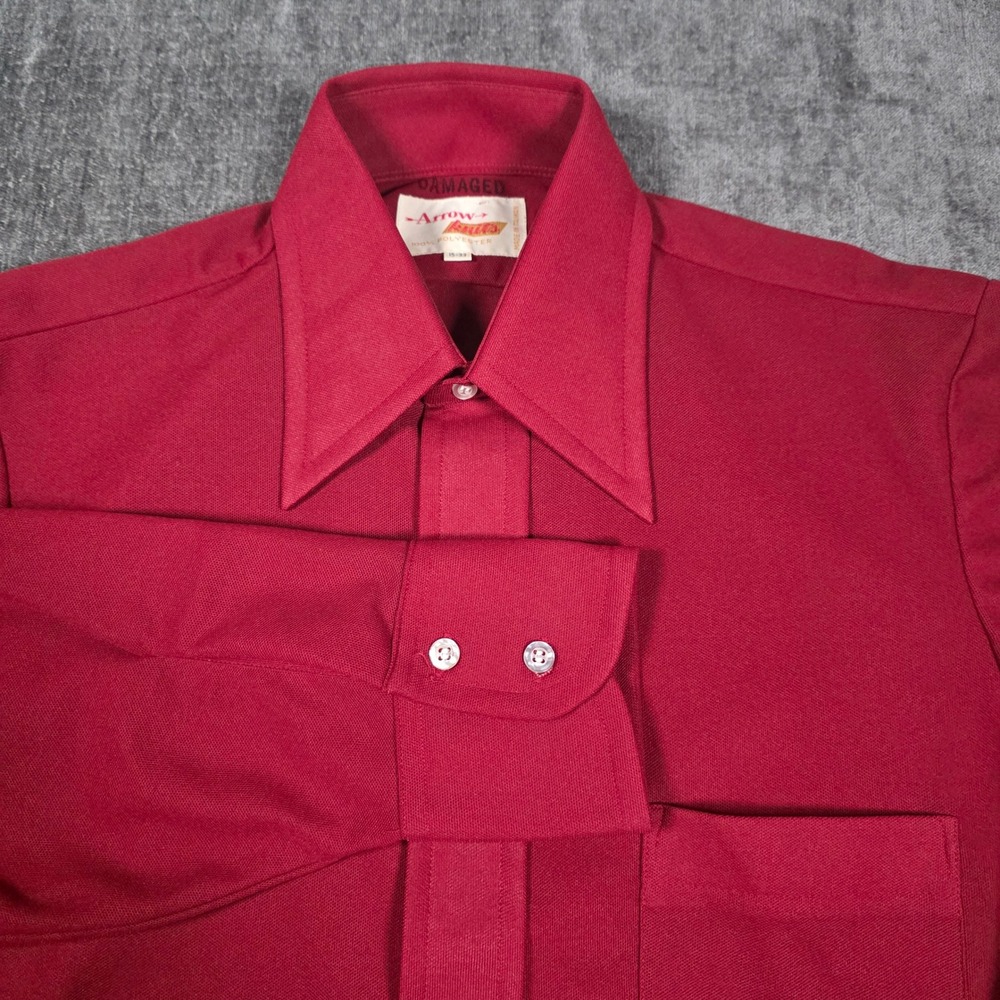 Vtg 70s Dagger Collar Disco Arrow Knits Button Shirt Mens 15-33 Red Long Sleeve